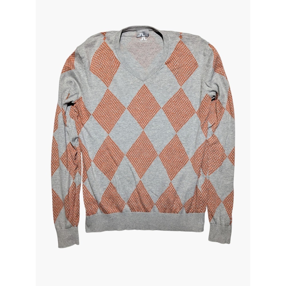 J.Lindeberg Argyleβ Sweater XL Cotton Angora Blend Gray Orange V-Neck
